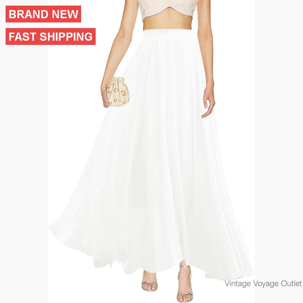 Maxi Skirt High Waist Elastic Pleated Chiffon Flowy A-Line Long